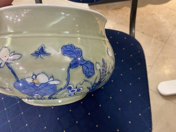 A Chinese blue and white celadon-ground censer, Kangxi
